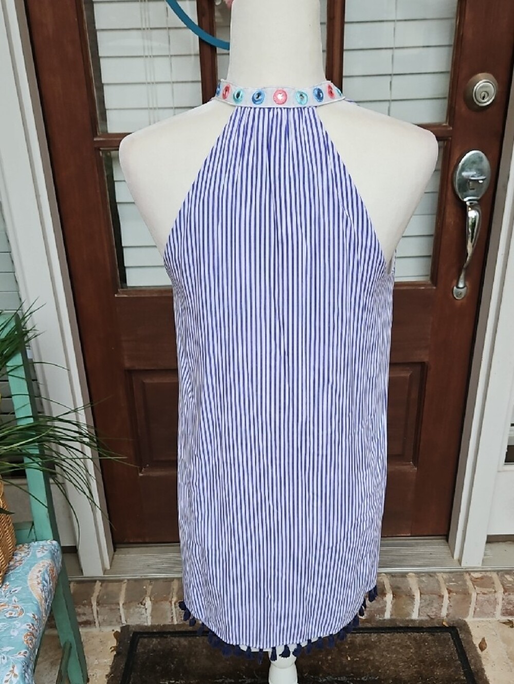 THML Anthropologie Brand Embroidered Navy Stripe Halter Dress - Blue - Picture 5 of 5